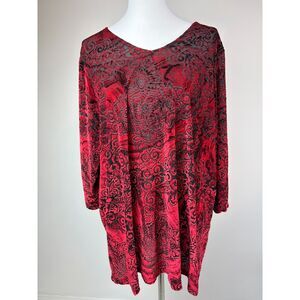 Catherines Red Velvet Burnout Blouse Size 1X Semi Sheer Dark Romantic Gothic